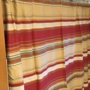 Striped Shower Curtain - Red, Tan, White, Kahki, and Blue/Gray Accents